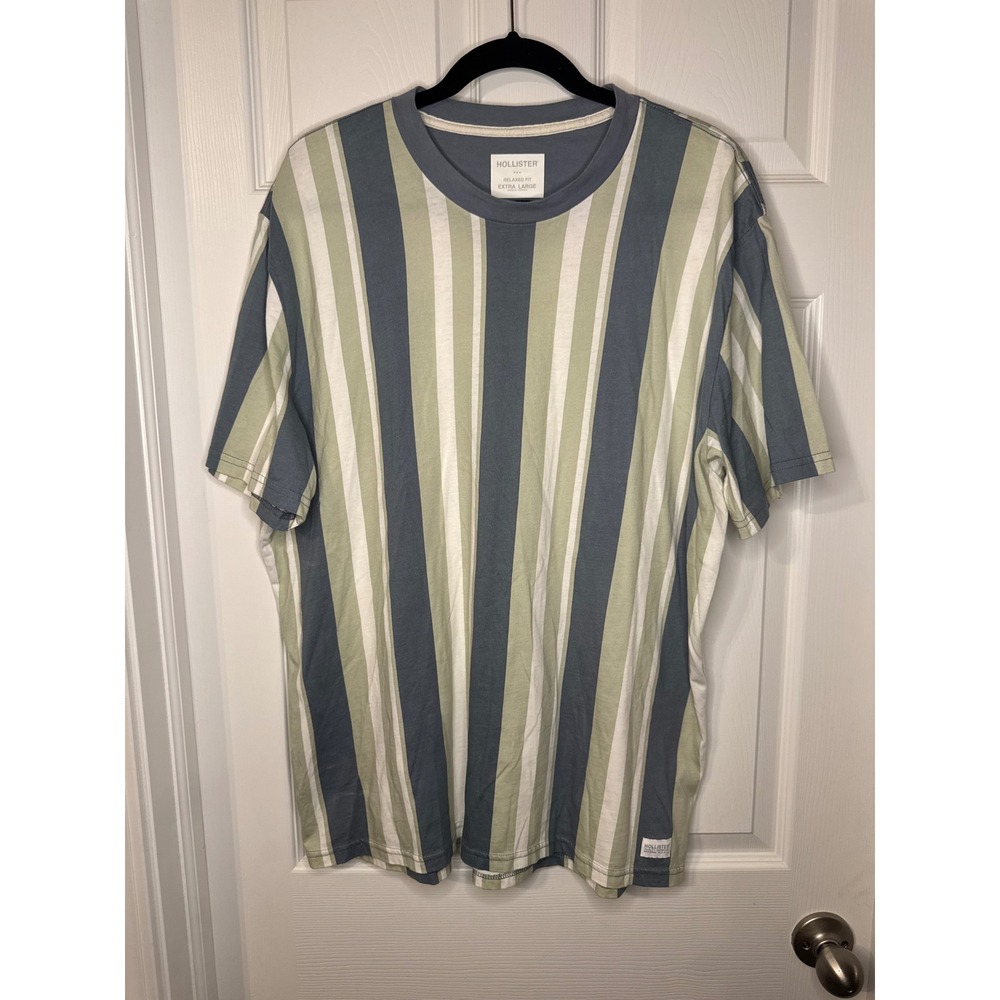 Hollister Mens Relaxed Fit Vertical Stripe T-Shirt Blue Green XL Short Sleeve